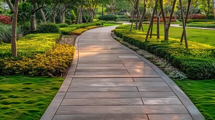Obraz premium The Tranquil Beauty of a Square-Framed Paved Pathway Through a Pristinely Landscaped Garden