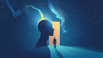 Man walk through the door inside his head.Abstract surreal dream concept vector illustration.