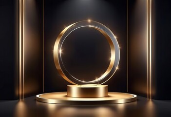 3D realistic studio room luxury minimal style shiny golden metallic podium stand with circle