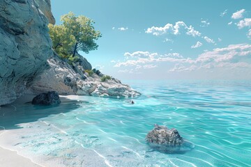 Illustrate a secluded beach with clear waters in 3D Blender perfect for ecotourism