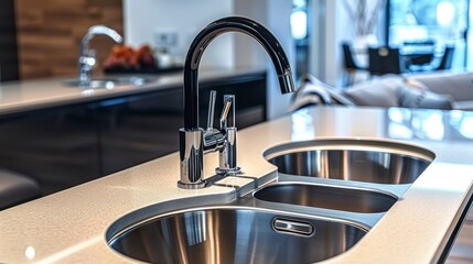 A Sleek Black Curved Faucet Complements the Dual Basins of a Stainless Steel Undermount Sink