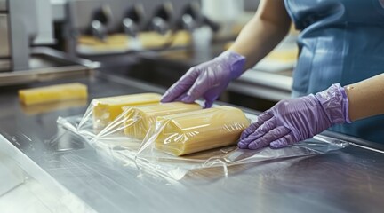 Woman in gloves, apron and mask wraps piece of cheese lying on plastic tray in transparent food film. - obrazy, fototapety, plakaty