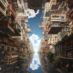 A surreal cityscape with upside-down buildings. 