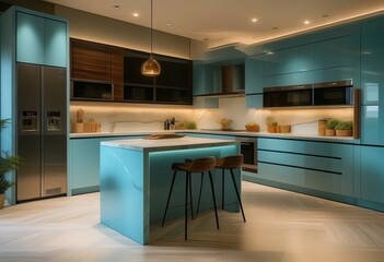 Large luxury kitchen unit made of light blue laminate,