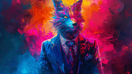 watercolor Neon-lit whimsical beast in suit Bitcoins magical realm