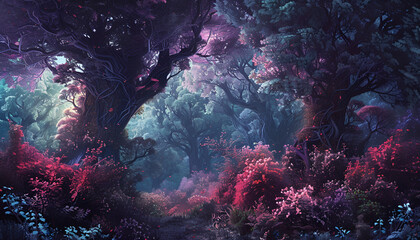 scene with space, Deep forest. fantasy backdrop. concept art. realistic illustration. video game digital cg artwork - obrazy, fototapety, plakaty