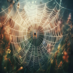 spider web in the morning  web, spider, dew, nature, cobweb, net, water, morning, insect, spiderweb, trap, pattern, drops, drop, macro, Ai generated 