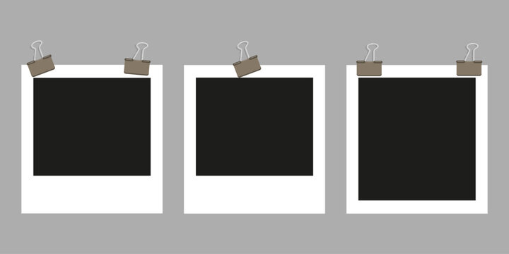 Photo camera frames photo mockup scrapbook on a gray wall. Black photo frame template. Vector illustration.