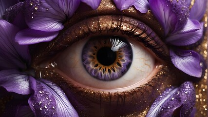 Imagine a stunning photograph of a pair of eyes, with a focus so intense that it feels like they are staring right into your soul. The purple iris stands out against the brown skin, and the subtle gli - obrazy, fototapety, plakaty
