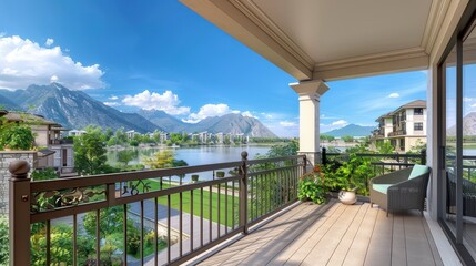 Fototapeta na wymiar A Sunny Day Scene from a Balcony with Unmatched Views of Homes, a Calm Lake, and the Mountain