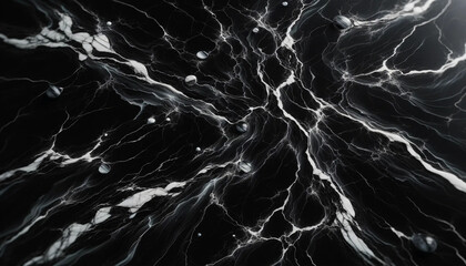 A black marble surface, characterized by its rich, glossy sheen and adorned with a network of intricate white veins - obrazy, fototapety, plakaty