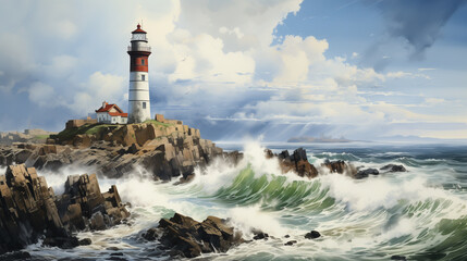 Fototapeta na wymiar A watercolor illustration portrays a majestic lighthouse standing firm on a rocky cliff, with powerful waves crashing against the shore under a dynamic sky.