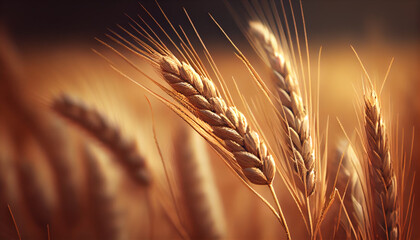 Golden wheat ears growing up in a farm field. Isolated young textured wheat. Blurred background....