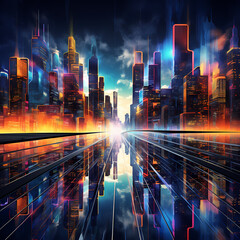 Abstract city skyline with holographic billboards. 