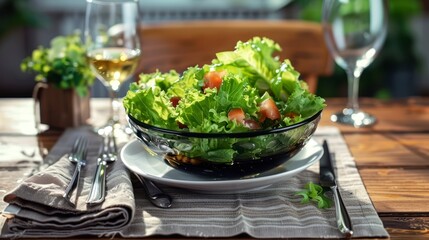 A Delightful Salad with Lettuce and Olive Oil Served in a bowl, Complete with Elegant Cutlery