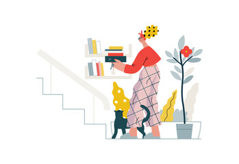 Mutual Support: Book Swap -modern flat vector concept illustration of a woman leaving books on a shelf in hallway for neighbors A metaphor of voluntary, collaborative exchanges of resource, services