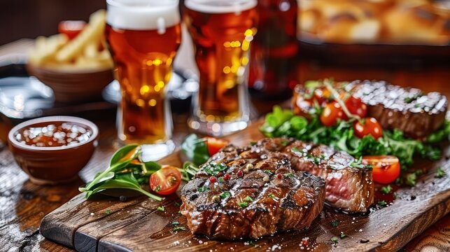 A Delectable Hot Steak Accompanied by Tomatoes, Salad, Zucchini, and Craft Beer at a Cozy Restaurant