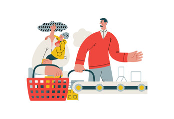 Mutual Support: Skip ahead in line -modern flat vector concept illustration of man letting woman with child go ahead in shop checkout line A metaphor of voluntary, collaborative exchanges of services