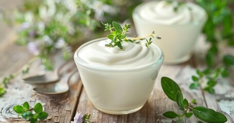 Obraz na płótnie Canvas Crafting the Perfect Blend of Fresh Yogurt with Garden-Picked Herbs