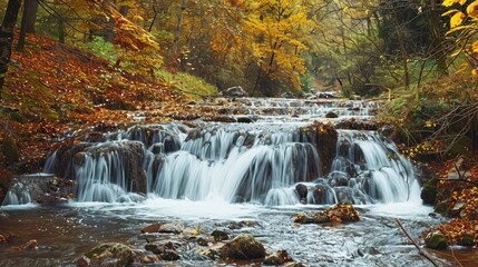 The Splendid View of a Waterfall in the Heart of a Forest Dressed in Autumn Colors