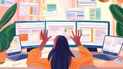 Dynamic composition featuring a businesswoman's hands juggling financial data on multiple screens, conveying the multitasking skills required for successful financial management. - obrazy, fototapety, plakaty