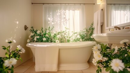 A Cozy Home Bathroom Oasis Adorned with Lush Green Plants and Delicate White Flowers