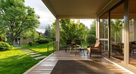Fototapeta premium A House Porch Equipped with Comfortable Chairs, Tables, and an Accessible Staircase to the Green Yard