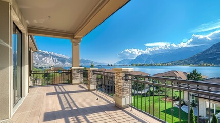 The Tranquil Beauty of a Balcony Overlooking Homes, Lake, and Mountain Under a Sunlit Blue Sky - obrazy, fototapety, plakaty