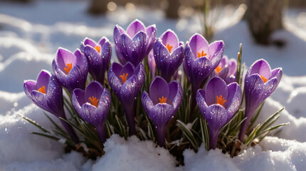 Crocuses first spring bloomers in the snow