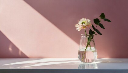 flowers in a vase, Beautiful pink magnolia flower in transparent glass vase standing on white table, sunlight on pastel pink wall