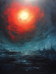 Ethereal Red Sun Over Icy Landscape Abstract Painting

