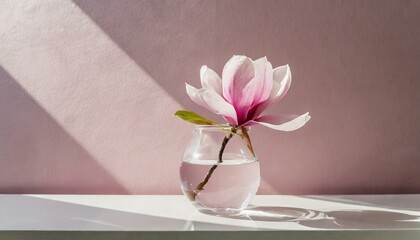 pink flower in vase, Beautiful pink magnolia flower in transparent glass vase standing on white table, sunlight on pastel pink wall