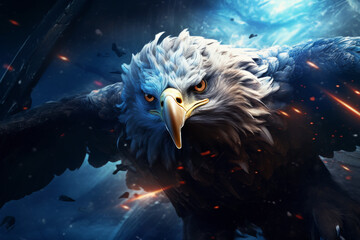 Fototapeta premium Ruler of the Skies: Majestic Eagle Soaring Amidst the Fury of a Thunderstorm