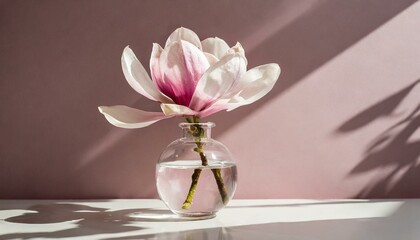 hyacinth in vase, Beautiful pink magnolia flower in transparent glass vase standing on white table, sunlight on pastel pink wall