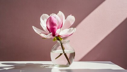 pink tulips in a vase , Beautiful pink magnolia flower in transparent glass vase standing on white table, sunlight on pastel pink wall