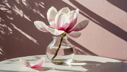 still life with pink roses, Beautiful pink magnolia flower in transparent glass vase standing on white table, sunlight on pastel pink wall
