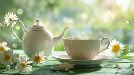Fototapeta premium Cup and teapot on green table with scrumptious camomile beverage