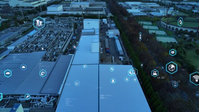  工業地帯空撮とデジタルテクノロジーイメージ
