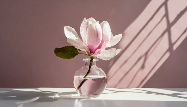 pink flower in vase, Beautiful pink magnolia flower in transparent glass vase standing on white table, sunlight on pastel pink wall