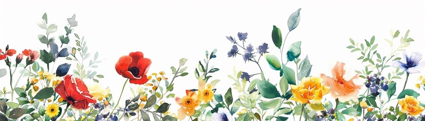 A Delicate watercolor flowers form a charming frame with a variety of colorful blooms and greenery on a white background. - obrazy, fototapety, plakaty