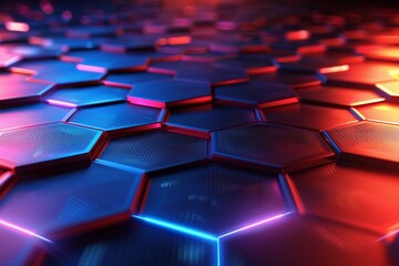Obraz premium A Digital abstract background with a glowing hexagonal pattern in neon blue and red colors.