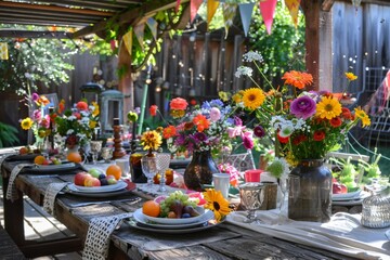 Fototapeta na wymiar A festive wooden tabletop set in a lush garden party atmosphere