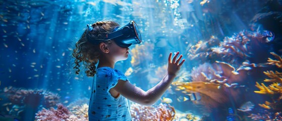 A little girl is standing in sea bed and wearing VR headset user
