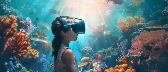 A little girl is wearing VR headset user - obrazy, fototapety, plakaty