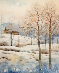 Winter Landscape Watercolor Painting with Snowy Trees and Stream


