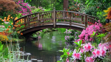 Fototapeta premium A Lush garden in full bloom featuring a variety of vibrant flowers and a wooden bridge arching over a tranquil pond.