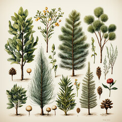Botanical Illustration of Various Tree and Plant Species

