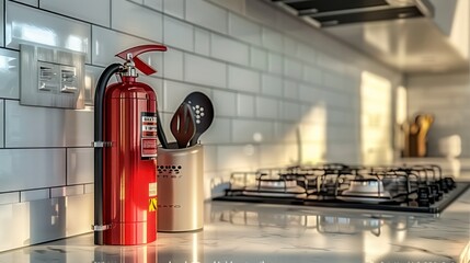 A Kitchen Interior Balancing Aesthetic and Safety with a Fire Extinguisher Beside a Cooking Unit on a White Countertop - obrazy, fototapety, plakaty