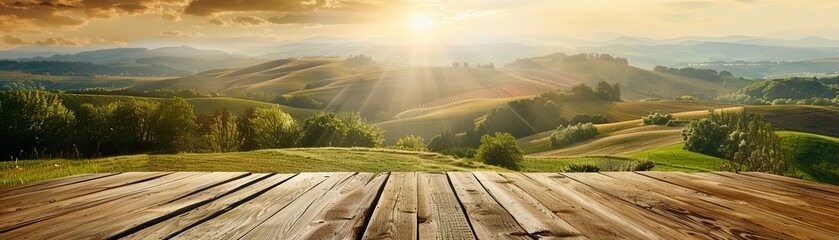 A rustic wooden tabletop with a panoramic view of rolling green hills and a warm sunrise