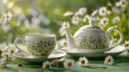 Cup and teapot on green table with scrumptious camomile beverage